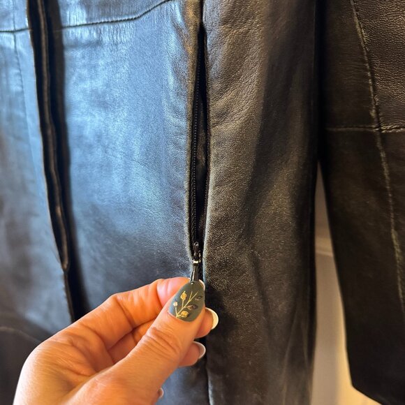 Stefanel 100% Leather Long Coat – Black Minimalist Women’s Jacket, Y2K / 90s - Picture 3 of 10